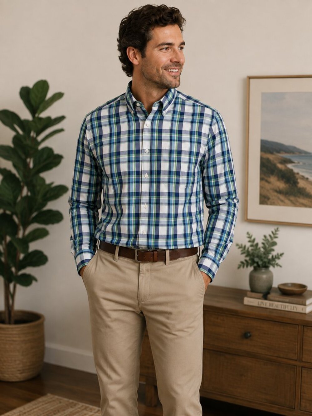 Roundtree & Yorke Men’s Large Green Blue Plaid Long Sleeve Button Down Shirt *